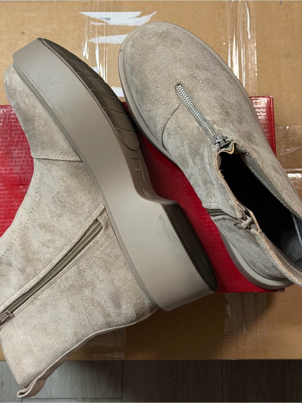 Suede Zip Ankle Booties in Light Taupe